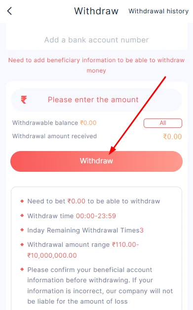Click on withdraw button to confirm the process